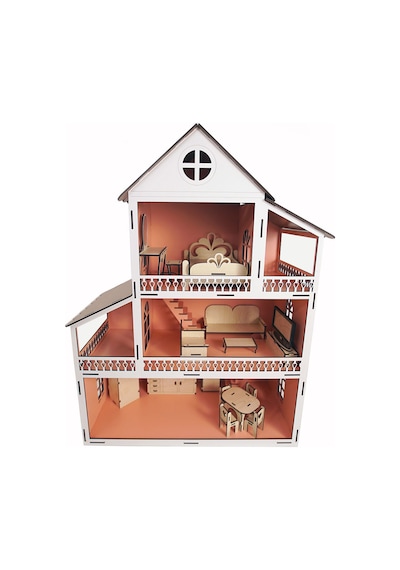 Wood Kids Toys Mobilyalı Ahşap Bebek-Çocuk Oyun Evi Seti