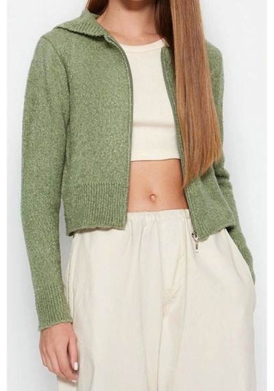 Ersefa Kadın Modern Tarz Regular Kapüşonlu Crop Triko Hırka Mint