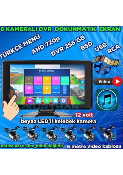 Ahd 720p Rca Beyaz Ledli Kelebek Kamera 6 Kanallı 10 İnç Dokunmatik Usb Bsd Dvr Ekran 12 Volt