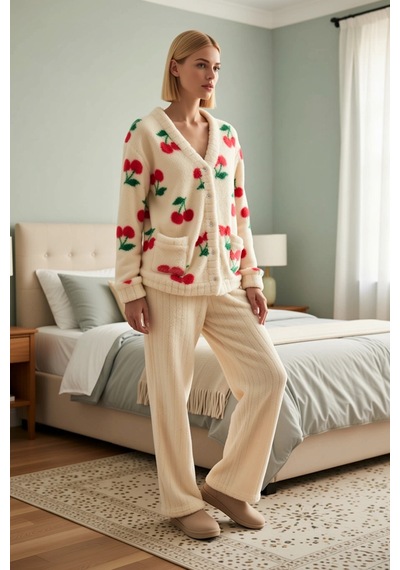 Benerly Kadın V Yaka Uzun Kol Regular Kalıp Wellsoft Pijama Takımı Fonksi Çok renkli