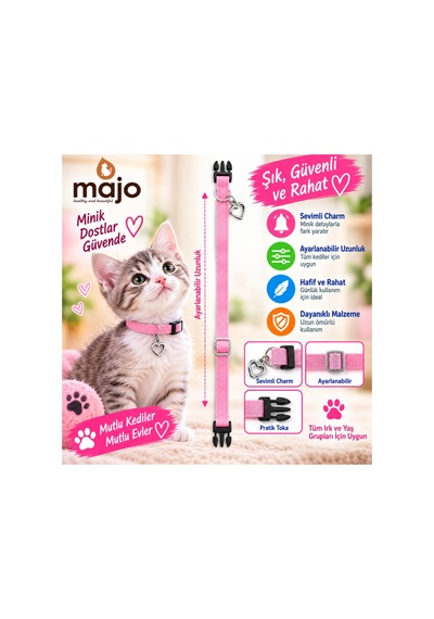 Baron Pet Kedi Boyun Tasması Kalp Charm Detaylı Ayarlanabilir Güvenlik Tokalı - Pembe