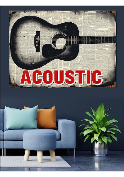 Akustik Gitar Müzik Yazısı Dekoratif Kanvas - Mdf Ahşap Tablo