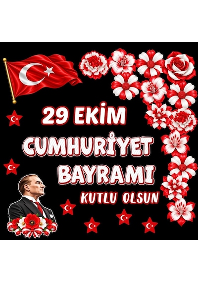 29 Ekim Cumhuriyet Bayramı Hazır Fügür Kesim Pano Süsü Çiçekli Tüm Yaşlar