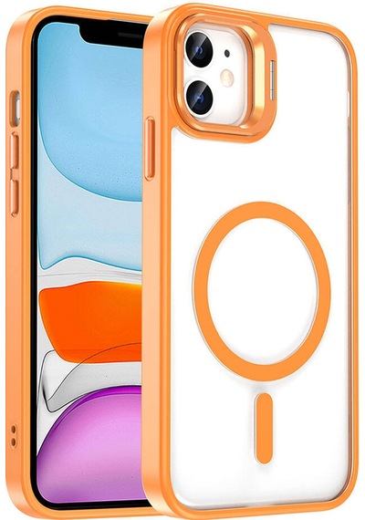 Apple Uyumlu iPhone 11 Kılıf M-safe Şarj Özellikli Standlı Zore M-safe Klon Lensli Kapak Turuncu