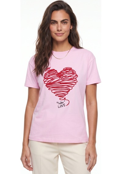 Onloox Kadın Pembe Pembe Pamuklu Bisiklet Yaka Kısa Kollu Kalp Nakış Detaylı Örme Bisiklet Yaka T-shirt