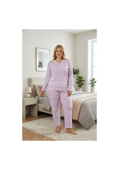 Eyfuze Kadın Büyük Beden Desenli Yakası Düğmeli Uzun Kollu Bambu Pijama Takımı Pembe-1