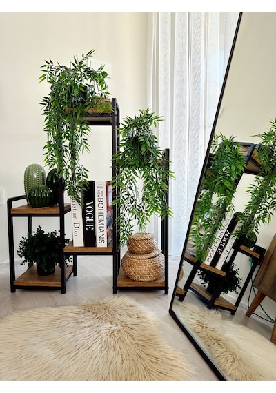 Garden 6 Raflı Metal Saksılık Dekoratif Metal Raflı Ahşap Çiçeklik Matkapsız Kurulum Metalik Mat Siyah