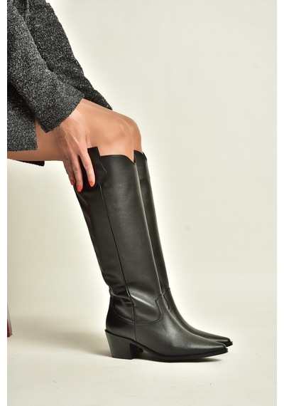 Fox Shoes Z654182303 Siyah Hakiki Deri Kalın Topuklu Kovboy Model Kadın Çizme