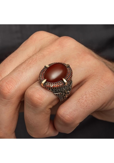 Oval Akik Taşlı 925 Gümüş Erkek Yüzük Gümüş