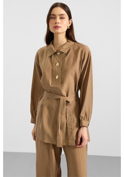Olcay Metal Düğmeli Soft Kumaş Tunik Pantolon İkili Takım Kamel 9397-tk