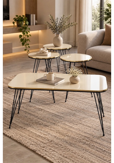 Sulorahome Siyah Tel Ayaklı Krem 4'lü Sehpa Seti