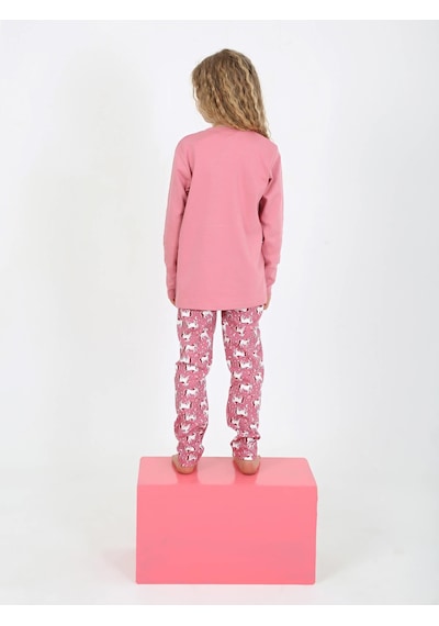 Kız Çocuk Uzun Kollu %100 Pamuklu Pijama Takımı Magical Horse Gül Kurusu