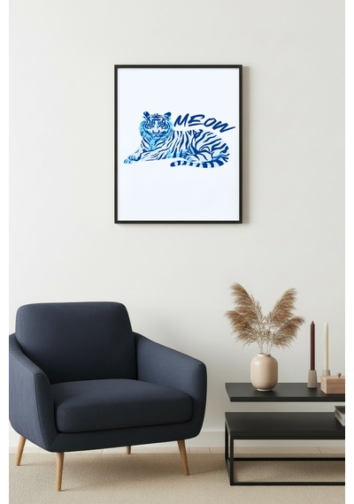 Doğal Ahşap Çerçeveli Retro Kedi Tablo - Mavi Meow Desen Huhu2420