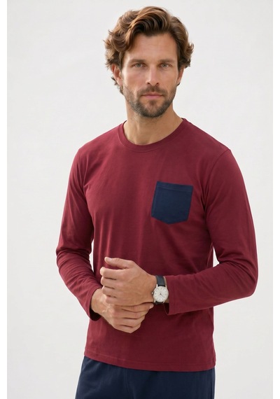 Tudors Erkek Standart Fit Rahat Kesim Uzun Kollu Pamuklu Bordo Lacivert Pijama Takımı-51176