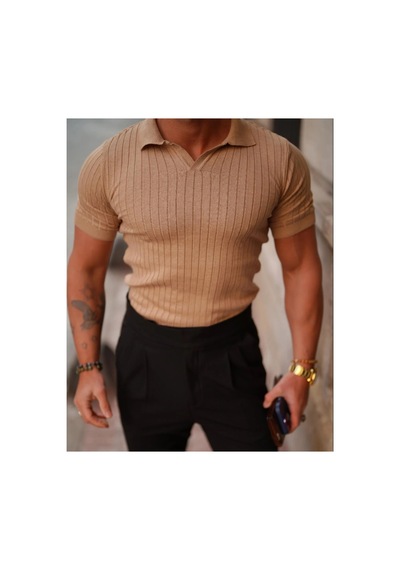 Cool Tarz Erkek Fitilli Polo Yaka Triko T-shirt Kahverengi Kahverengi