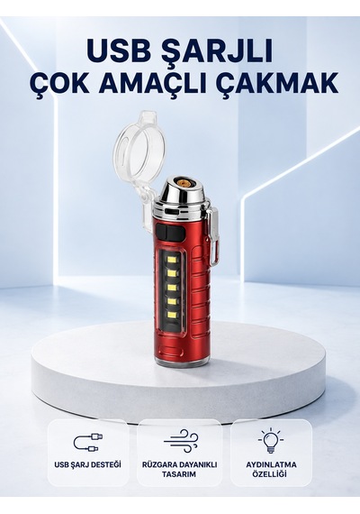 Usb Şarjlı Rüzgar Geçirmez Elektrikli Çakmak El Fenerli Belirtilmemiş