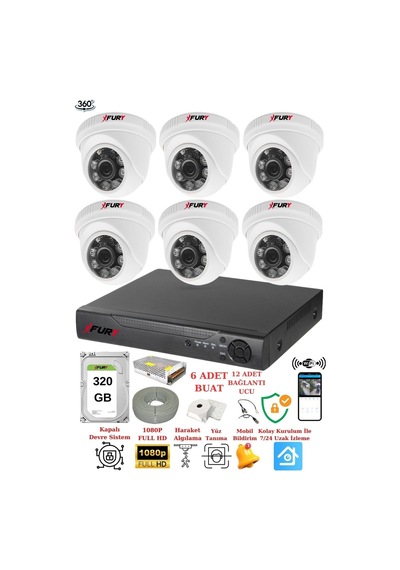 Fury 6 Kameralı 5mp 3.6mm Lens 2mp Görüntü 6 Atom Led Gece Görüşlü Fullhd Güvenlik Kamerası 1412a 320gb