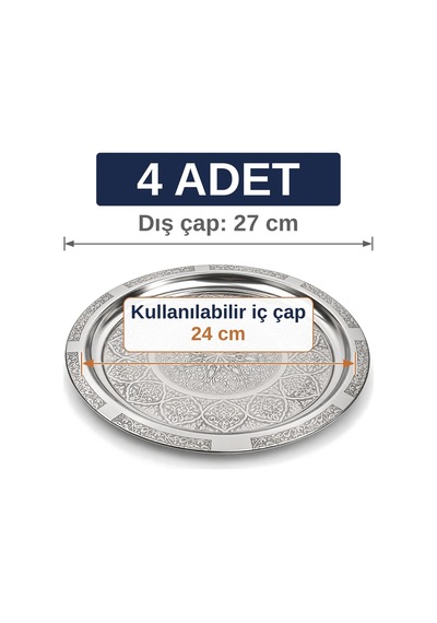Binbir Trend 27 Cm Otantik Desenli Krom Çelik Kebap, Izgara, Meze Ve Servis Tabağı 4 Adet