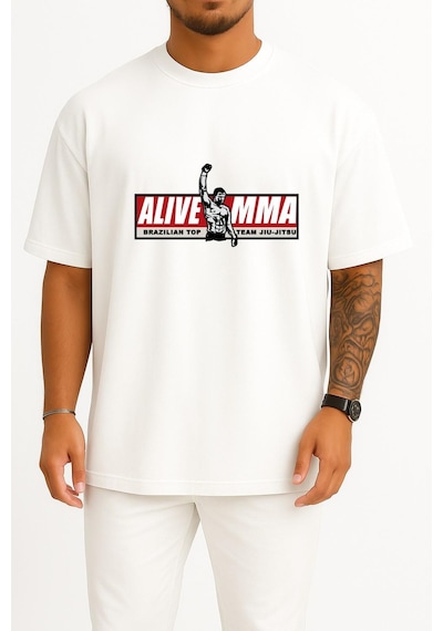 Bahriyeli Collection Oversize Mma Mixed Martial Arts Brazilian Jiu-jitsu Göğüs Tasarımlı Unisex T-shirt Beyaz