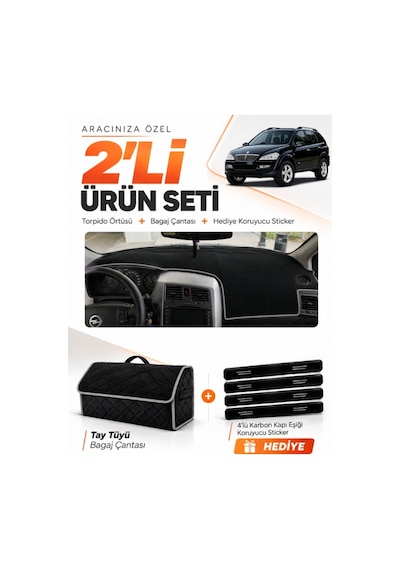 E-biz Ssangyong Kyron 2005-2012 Uyumlu Torpido Örtüsü + Tay Tüyü Bagaj Çantası - Siyah-gri - Ss001
