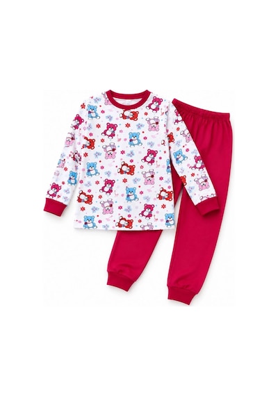 Novalisse Kız Çocuk Premium Penye Ayıcık Desenli Uzun Kollu Pijama Takımı 2-11 Yaş - Kırmızı Çoklu Renk