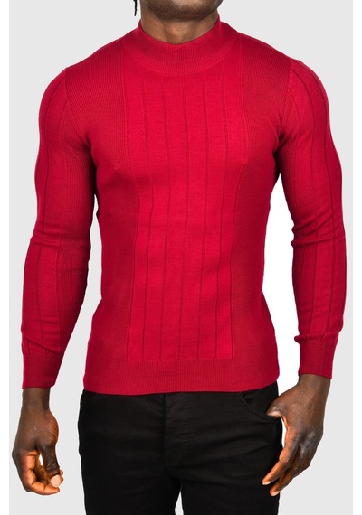 Deepsea Erkek Bordo Yarım Balıkçı Yaka Çizgili Tüylenmeyen Slim Fit Triko Kazak 2505491 Bordo
