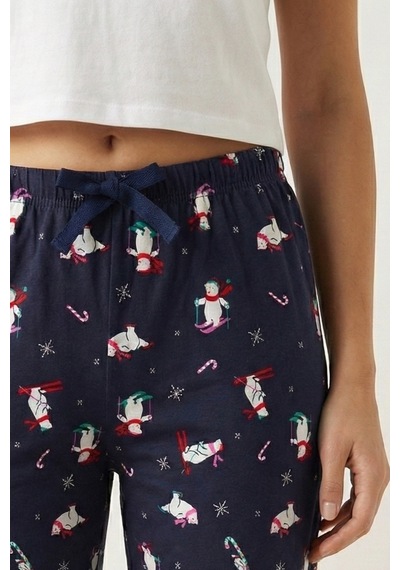Elemge %100 Pamuk Süprem Kadın Pijama Altı Kardan Adam Baskı Bol Kalıp Kurdeleli Terletmez Lacivert Cepsiz