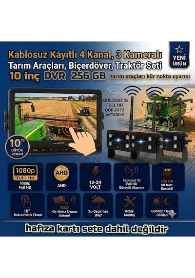 10 İnç Dvr Dokunmatik 3 Adet Kablosuz Kamera Ahd 1080p Monitör Bsd Kör Nokta Sistemli 12 24 V