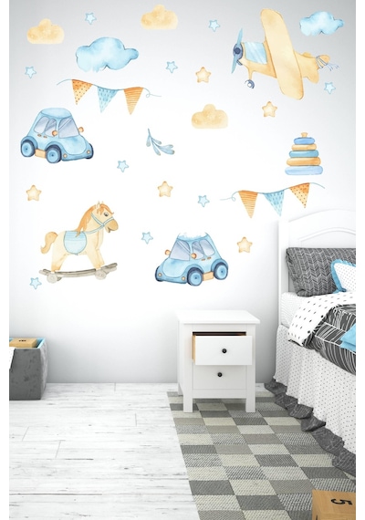MSticker Pastel Tonlarda Araba, Uçak, At Figürleri Çocuk Bebek Odası Sticker