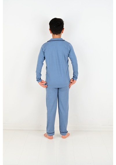 Vitmo Erkek Çocuk Uzun Kollu Pamuklu Düğmeli Pijama Takımı Mini Kare İndigo Vitmo Erkek Çocuk Uzun Kollu Pamuklu Düğmeli Pijama Takımı Mini Kare İndigo