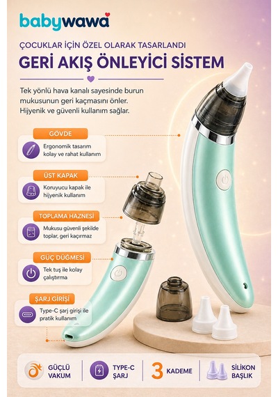 Babywawa Br-8820 0-12 Yaş Şarjlı Bebek Burun Aspiratörü 5 Kademe Güçlü Vakum