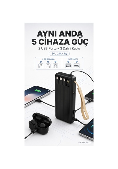 20.000 Mah  & Led Işıklı Siyah Powerbank Kesintisiz Güç Siyah - 747408433 Siyah