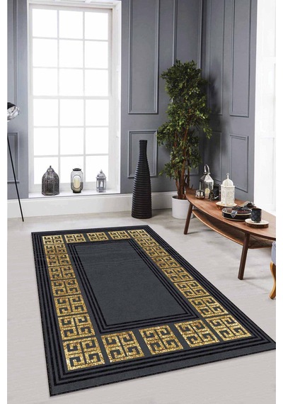 Siyah Gold Çerçeveli Kaymaz Tabanlı Dekoratif Halı Rv034 Siyah - Gold