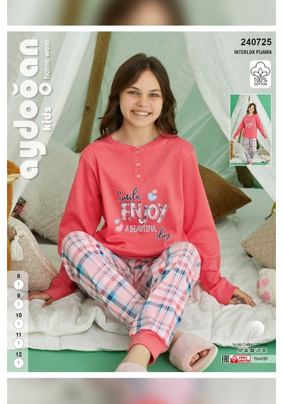 Aydoğan Kız Garson Koza İnterlok Mercan Ekose Pijama Takım 0725 Mercan
