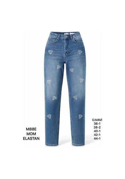 Miss Poem Kadın Mavi Yüksek Bel Taş Detaylı Mom Fit Jean Pantolon