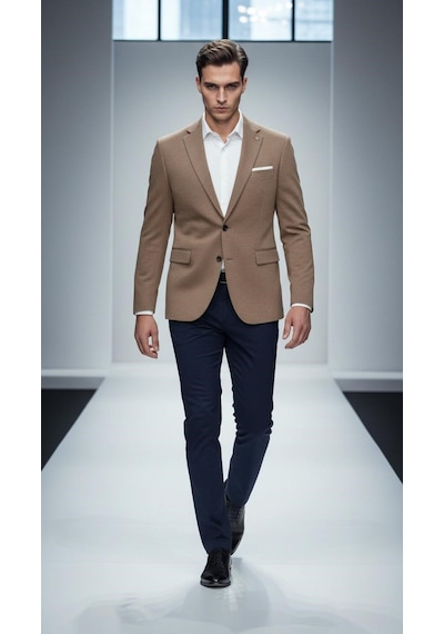 Plus Scorpion Erkek Esnek Kumaş Slim Fit Blazer Ceket Günlük & Ofis Şıklığı Taba