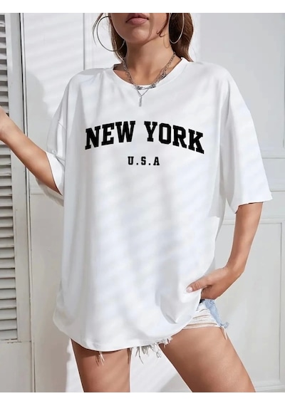 New York Baskılı Oversize Bisiklet Yaka T-shirt - Beyaz Beyaz