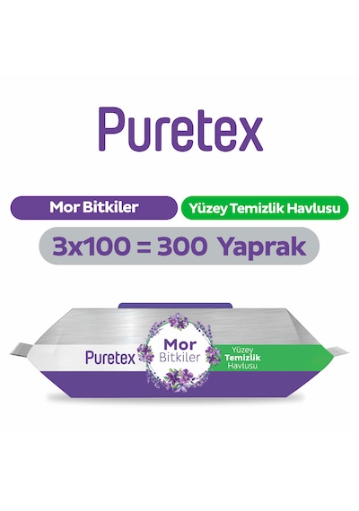 Puretex Yüzey Temizlik Havlusu Mor Bitkiler 3x100 300 Yaprak Beyaz