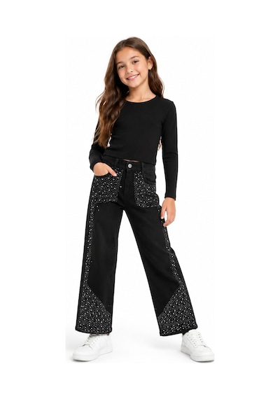 İrem Çocuk Giyim Kız Çocuk Üzeri Taş Detaylı Beli Lastik Ayarlamalı Cepli Geniş Paça Model Likralı Siyah Renk Kot Pantolon Siyah İrem Çocuk Giyim Kız Çocuk Üzeri Taş Detaylı Beli Lastik Ayarlamalı Cepli Geniş Paça Model Likralı Siyah Renk Kot Pantolon Siyah