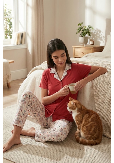 Lela Regular Fit Gömlek Yaka Kısa Kollu Bayan Pijama Takımı 65730101 Kırmızı