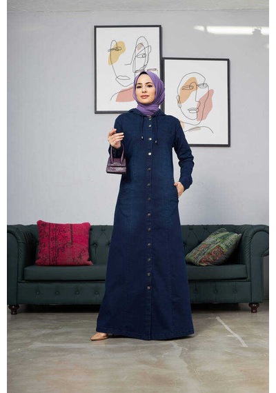 Neways 6509-denim Kapşonlu Ferace Lacivert Lacivert