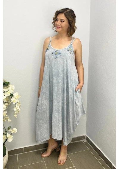 Mia Butik Büyük Beden Gri Pamuklu Şalvar Kesim Çiçekli Elbise Gri