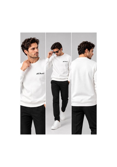 Hk Premium Sweatshirt Bisiklet Yaka Hk Premium Logolu Erkek Basic Beyaz