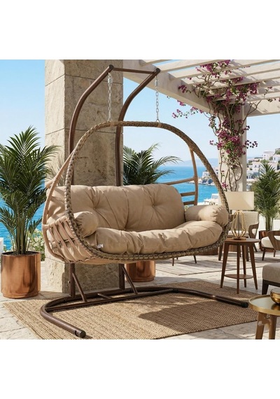 Malta Çiftli Rattan Bahçe Salıncağı Açık Kahve Çok Renkli
