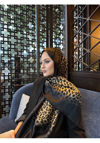 Miorel Scarfs Leopar Desen Vual İpek Şal Fular Silk Scarfs Shawl Hijab Siyah
