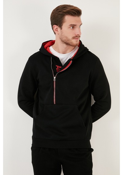 Buratti Kanguru Cepli Fermuarlı Kapüşon Yaka Slim Fit Erkek Sweat 575707 Siyah-Kırmızı