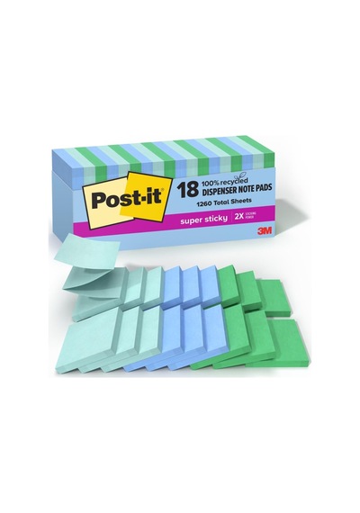 Post-it Süper Yapışkan%100 Geri Dönüştürülmüş Açılır Notlar, Oasis Koleksiyonu, 3 İnç X 3 İnç, 70 Yaprak,