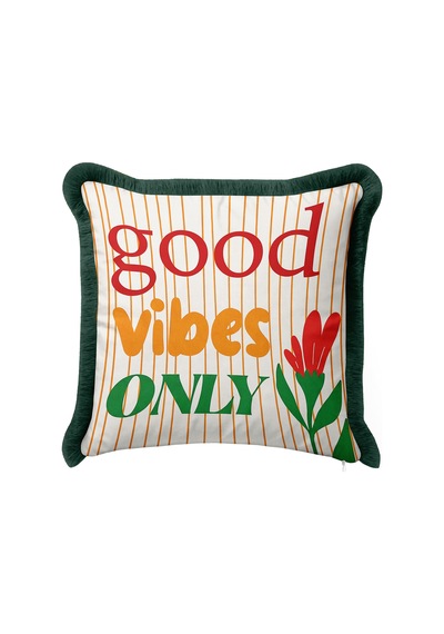 Good Vibes Only Çiçekli Saçaklı Yastık Kılıfı - Retro Botanik Yeşil Siyah Püsküllü Kırlent Kılıfı Yeşil