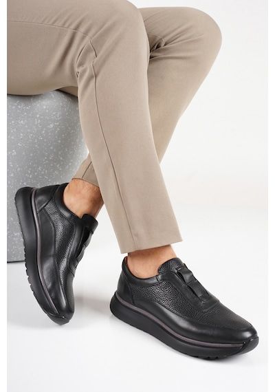 Fame Step Hakiki Deri Erkek Yürüyüş Ayakkabısı Casual Comfort Ayakkabı Günlük Rahat Taban Ortopedik Bağcıksız Ortopedik Ayakkabı Siyah Sneaker Genoa