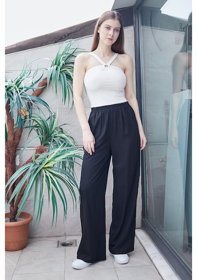 JUMENT %100 Iyocell Akıcı Şık Kumaş Yüksek Bel Beli Lastikli Yan Cepli Bol Paça Pantolon -siyah JUMENT %100 Iyocell Akıcı Şık Kumaş Yüksek Bel Beli Lastikli Yan Cepli Bol Paça Pantolon -siyah